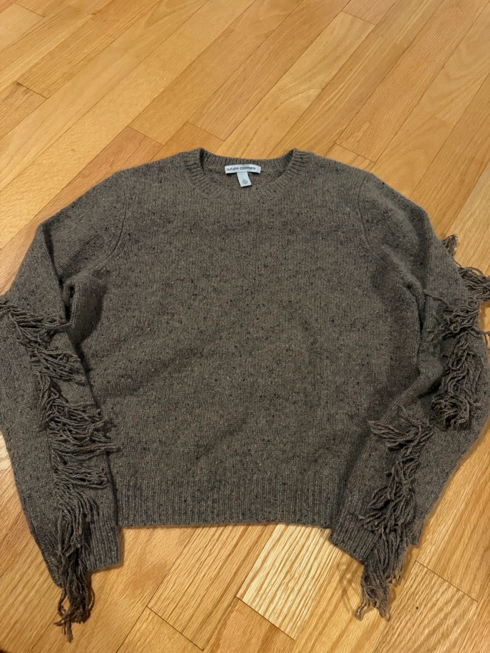 Autumn Cashmere 100% Cashmere Fringe Sweater L Brown Speckled